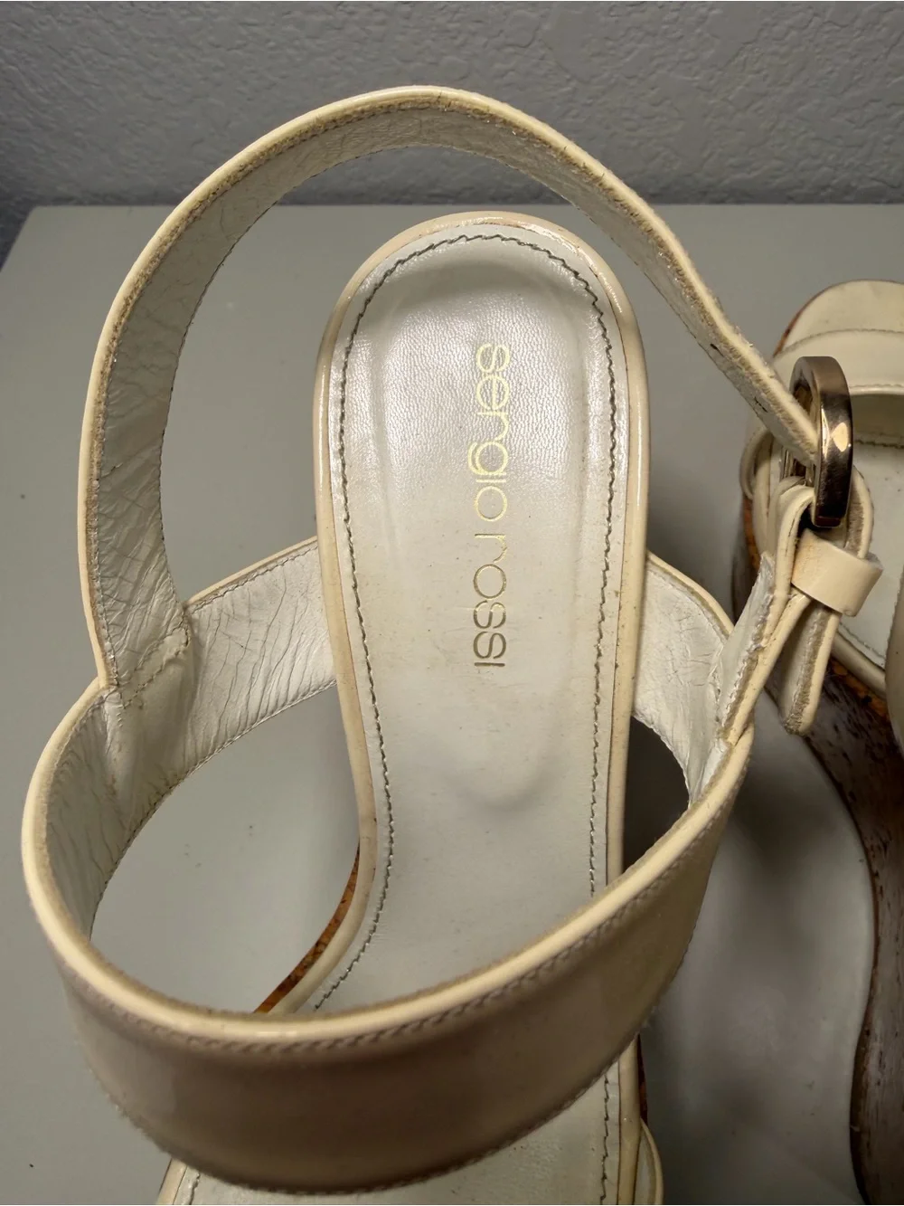 Sergio Rossi Cream Cork Wedge Sandals with Ankle Strap - Picture 4 of 4